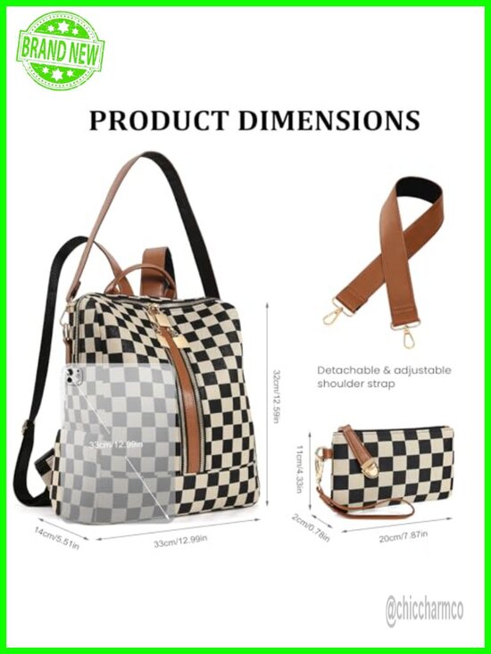Canvas and PU Checkered Backpack Purse for Women, Fashion Travel Daypack, Laptop main image 4